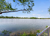 Thumbnail 21 of 52 - A serene lake with a fence and trees in the foreground.