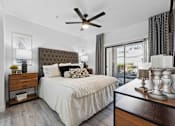 Thumbnail 13 of 48 - A bedroom with a large bed and a ceiling fan.