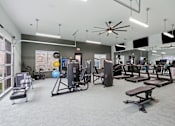 Thumbnail 46 of 55 - A gym with a variety of equipment including treadmills, weights, and exercise machines.