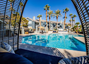 Thumbnail 31 of 44 - A pool surrounded by palm trees and a patio area.