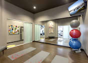 Thumbnail 18 of 28 - A yoga studio with a large mirror, exercise balls, and yoga mats.