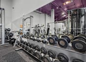 Thumbnail 17 of 30 - A gym with a purple ceiling and a variety of dumbbells and weight machines.