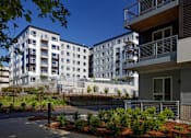 Thumbnail 29 of 30 - A modern apartment complex with a fenced courtyard.