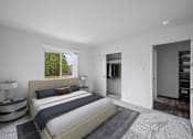 Thumbnail 15 of 55 - A bedroom with a large bed and a window overlooking trees at Hillsdale Garden Apartments, San Mateo