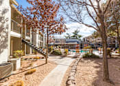 Thumbnail 2 of 21 - A courtyard with a fence, a tree, and a building in the background.