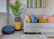 Thumbnail 1 of 27 - A living room with a couch, a potted plant, and a glass table.