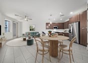 Thumbnail 1 of 31 - A modern kitchen with a dining table and chairs.