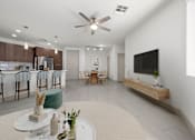 Thumbnail 2 of 31 - A modern living room with a dining area and a kitchen in the background.