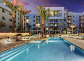 Thumbnail 23 of 31 - A swimming pool is surrounded by palm trees and lounge chairs at a resort.