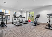 Thumbnail 17 of 34 - A gym with a variety of equipment including treadmills, stationary bikes, and weight machines.