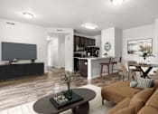 Thumbnail 1 of 29 - A living room with a brown couch and a black coffee table.