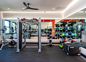 Thumbnail 5 of 24 - a gym with cardio equipment and weights on the wall