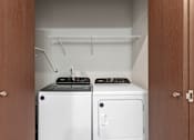 Thumbnail 16 of 50 - A small laundry room with a washer and dryer.