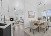Thumbnail 8 of 24 - A modern kitchen with a fireplace and a dining area with a view.