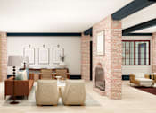 Thumbnail 4 of 26 - A living room with a fireplace and a couch.