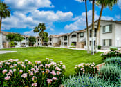 Thumbnail 42 of 52 - A sunny day at a residential complex with a well-maintained lawn and flowering plants.