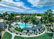 Thumbnail 47 of 52 - A large swimming pool surrounded by palm trees and a fence.