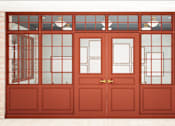 Thumbnail 7 of 26 - A red door with a glass window above it.