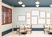 Thumbnail 8 of 26 - A dining room with a table set for six.