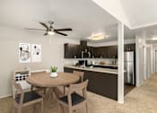 Thumbnail 1 of 30 - A modern kitchen with a dining table and chairs.