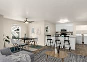 Thumbnail 4 of 30 - A modern kitchen with a dining table and chairs.