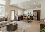 Thumbnail 1 of 20 - A modern kitchen with a dining table and chairs.