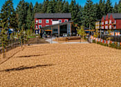 Thumbnail 32 of 34 - A red building with a black roof is surrounded by trees and a gravel area.