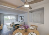 Thumbnail 2 of 25 - a living room with a ceiling fan and a dining table