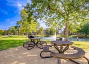 Thumbnail 16 of 32 - a group of picnic tables in a park next to a pond