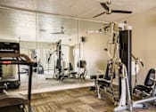 Thumbnail 6 of 13 - A gym with a mirrored wall and a variety of equipment.