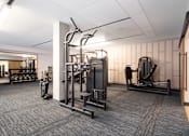 Thumbnail 33 of 34 - A gym with a variety of equipment including treadmills, weights, and exercise machines.