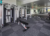Thumbnail 13 of 23 - A gym with a variety of equipment including a squat rack, bench, and weights.