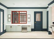 Thumbnail 15 of 26 - A kitchen with a red window and a trash bin.