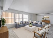 Thumbnail 2 of 25 - A living room with a grey couch, a white coffee table, and a wooden side table.