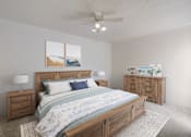 Thumbnail 14 of 25 - A bedroom with a bed, nightstands, and a ceiling fan.