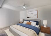 Thumbnail 9 of 25 - A bedroom with a bed, nightstand, and ceiling fan.