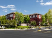 Thumbnail 11 of 17 - a street corner with two red brick buildings in the background and trees in the foreground