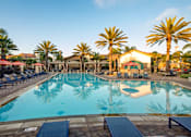 Thumbnail 31 of 33 - A large pool surrounded by palm trees and lounge chairs.