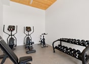 Thumbnail 14 of 22 - A gym with a bench, weights, and exercise equipment.