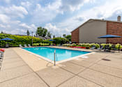 Thumbnail 14 of 19 - A pool surrounded by a patio and a building in the background.