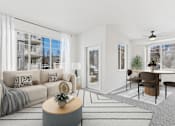 Thumbnail 5 of 36 - A living room with a grey sofa and a coffee table.