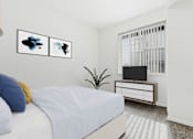 Thumbnail 3 of 19 - A bedroom with a bed, a television, and two framed pictures on the wall.