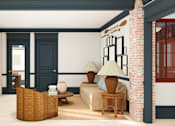 Thumbnail 3 of 26 - A living room with a couch, chair, and lamp.