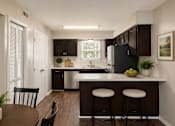 Thumbnail 51 of 55 - A kitchen with a black refrigerator and brown cabinets.