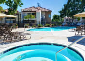 Thumbnail 7 of 26 - A swimming pool surrounded by lounge chairs and umbrellas at The Casas Apartments, California