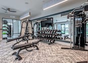 Thumbnail 22 of 31 - a home gym with weights and a mirror on the wall
