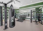Thumbnail 29 of 38 - a gym with a punching bag and weights in it