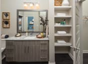 Thumbnail 20 of 41 - a bathroom with a vanity and a mirror and a closet