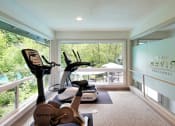 Thumbnail 17 of 30 - a gym with a view of a pool and trees