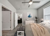Thumbnail 26 of 30 - Modern bedroom with upholstered bed, ceiling fan and large windows